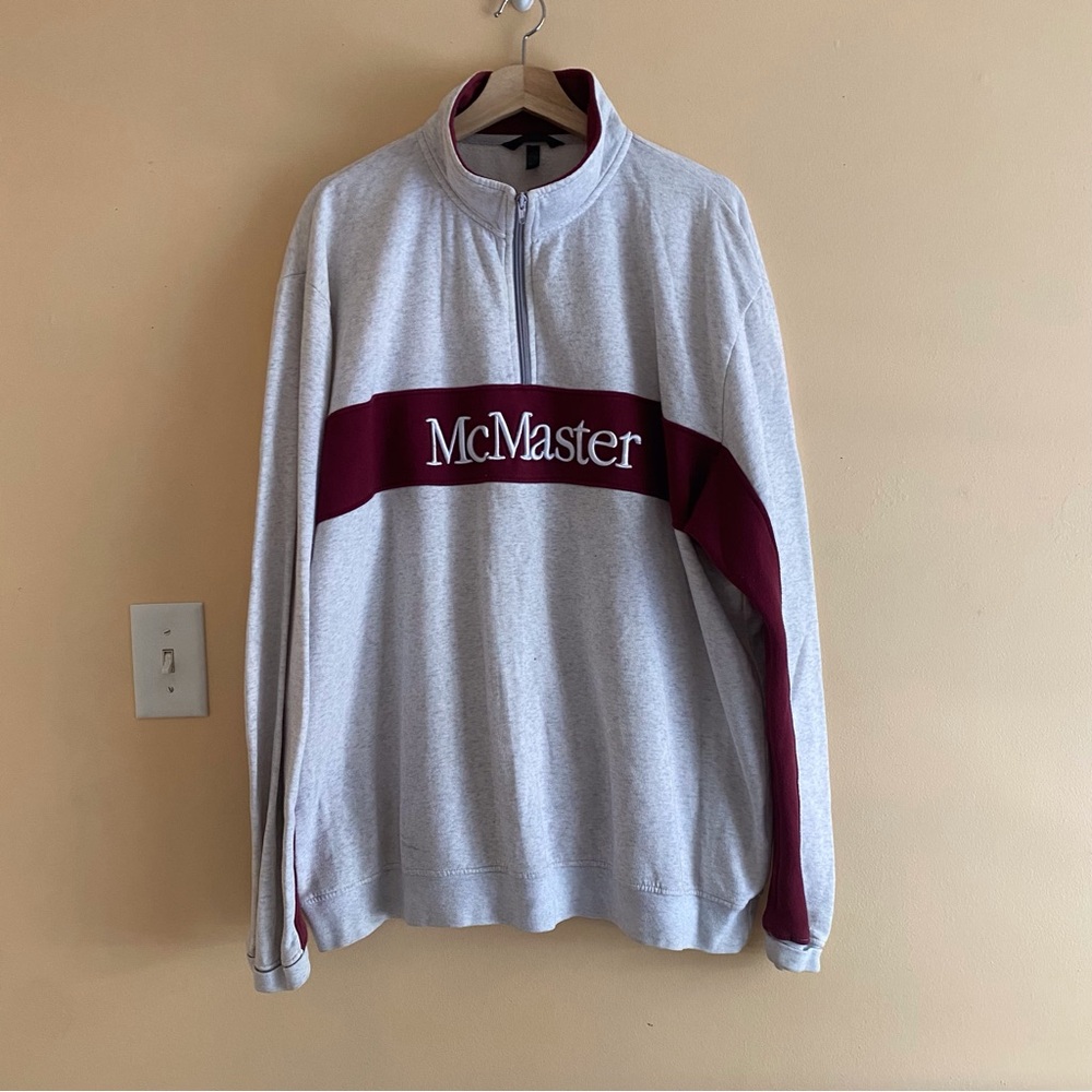 Y2K McMaster University Unique Wool Quarter Zip Sweatshirt Grey Burgundy XXL - Picture 2 of 16
